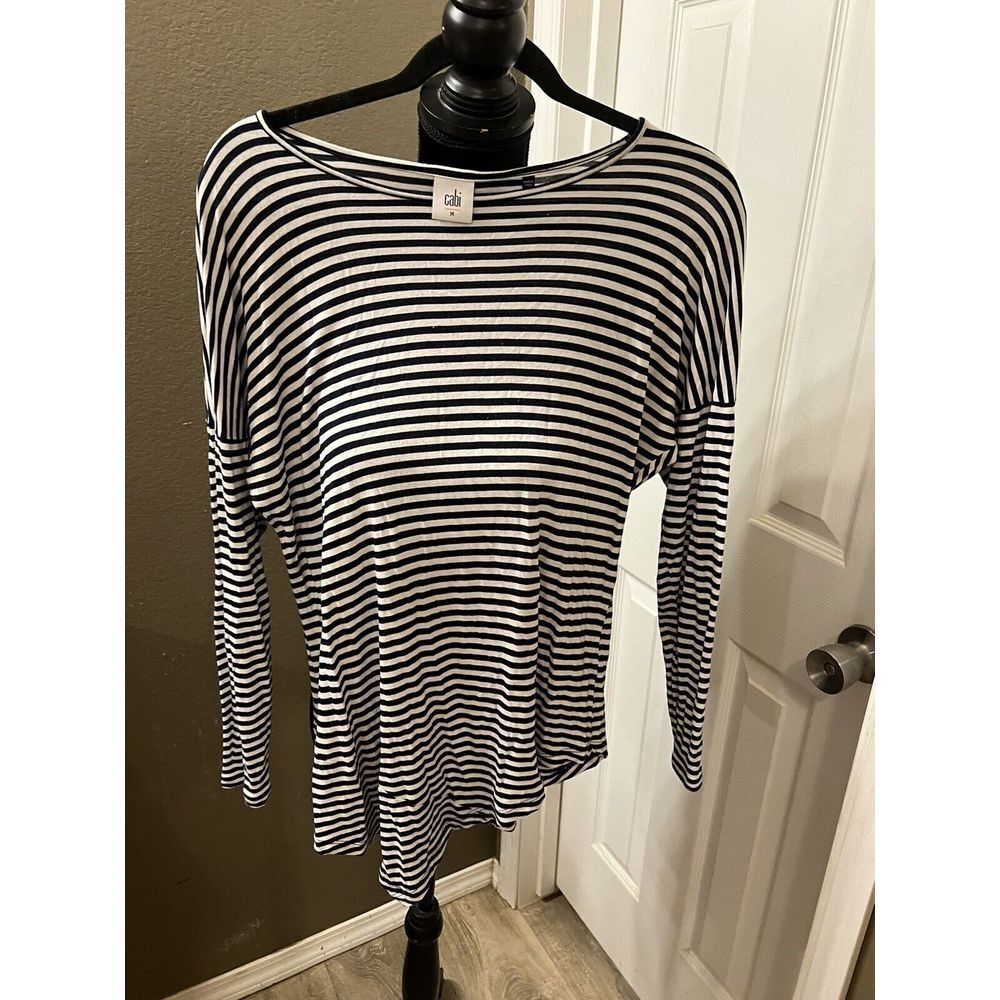 Cabi Boat Striped Tee Women's Medium Black White Asymmetrical Hem Long Sleeve‎